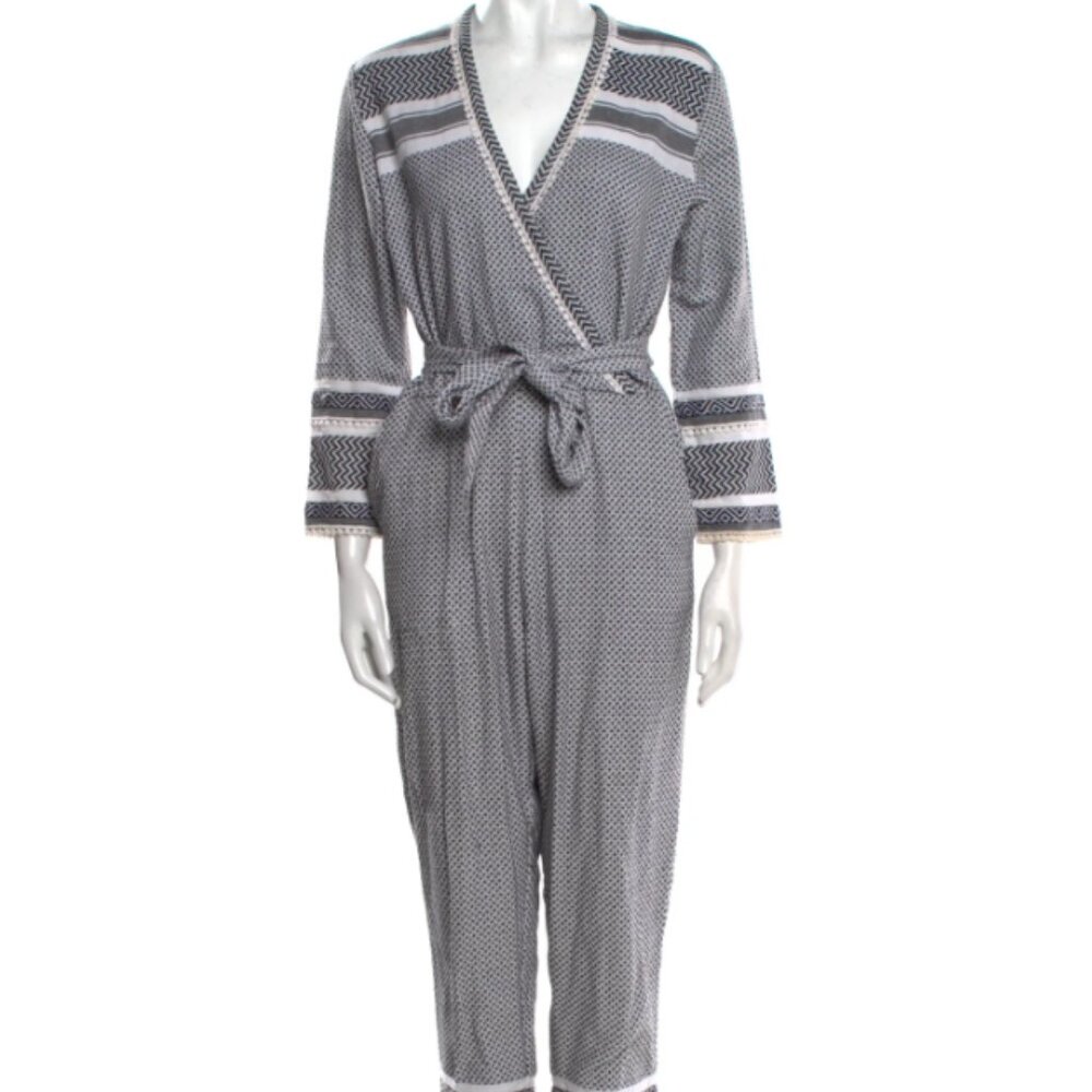 Dodo Bar Or Printed V-Neck Jumpsuit Black Crochet Trim 3/4 Sleeve